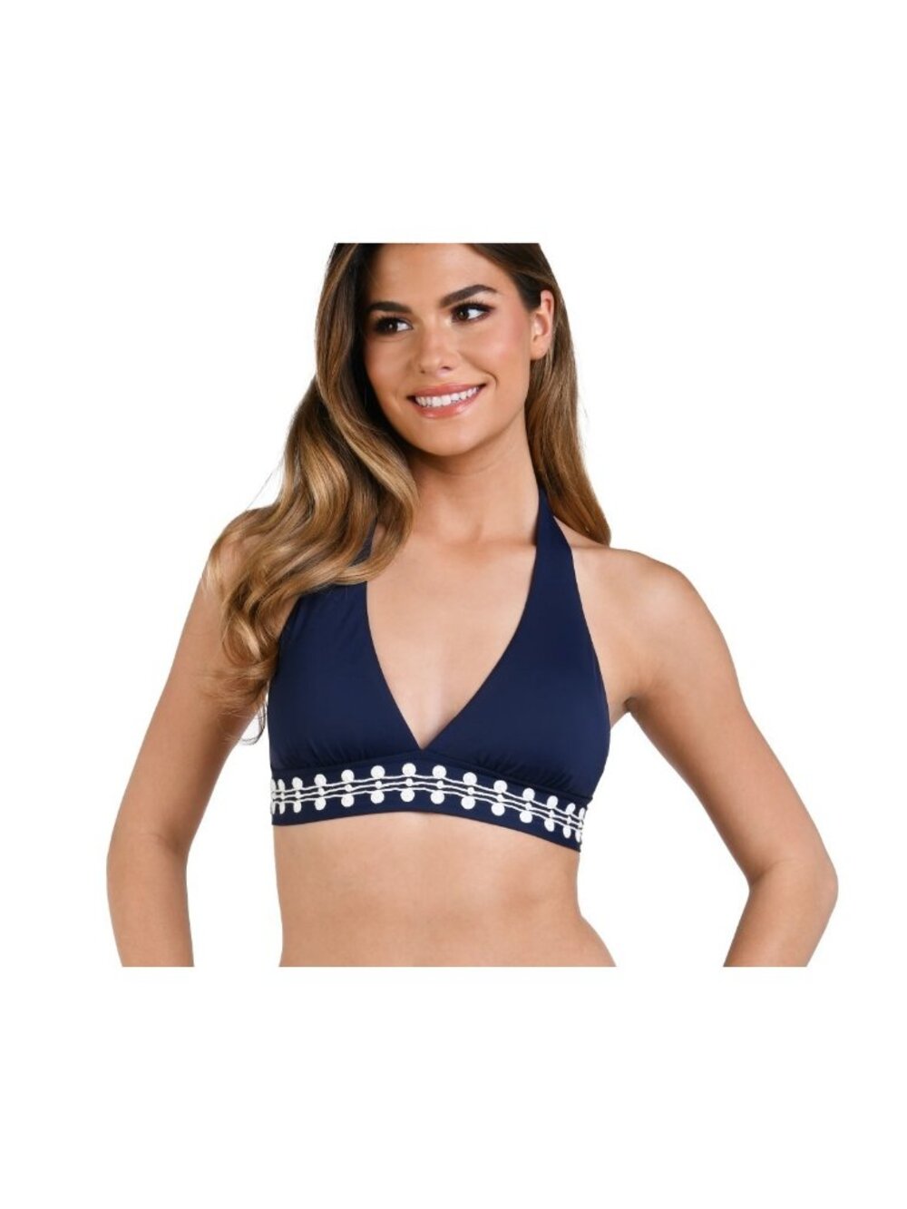 LA BLANCA Sea Scallops Banded Halter Bikini Top Size 16 Indigo/White NWT
